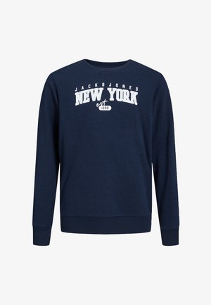 Sudadera azul marino de algodón, con cuello redondo, mangas largas, puños acanalados y texto gráfico en blanco: "NEW YORK est 1990."