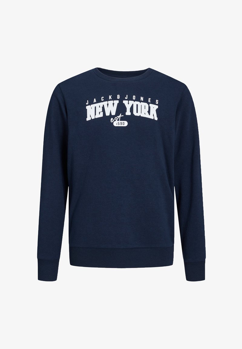 Sweat-shirt bleu marine en coton, avec un col rond, des manches longues, des poignets côtelés, et un texte graphique blanc : "NEW YORK est 1990."
