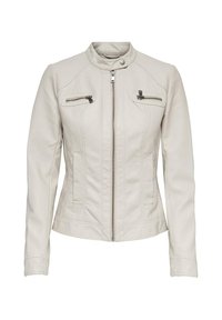 Giacca in pelle grigia chiara con colletto alto, zip frontale e quattro tasche con zip. Presenta dettagli cuciti sulle spalle e ai lati.