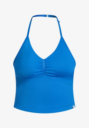 Top halter blu in tessuto elastico, con scollatura a V, centro arricciato e vestibilità slim. Spalline regolabili per un supporto personalizzato.