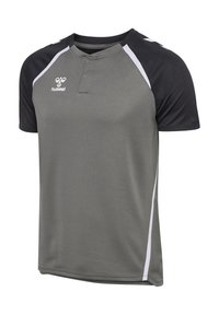 Kortærmet sportstrøje med grå front og sorte ærmer, hvide sidelister, lille hummel-logo på venstre bryst.