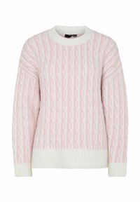 Ljust rosa stickad tröja med ett strukturerat kedjemönster, rund halsringning och ribbad vit kant samt muddar. Mjukt material och lös passform.