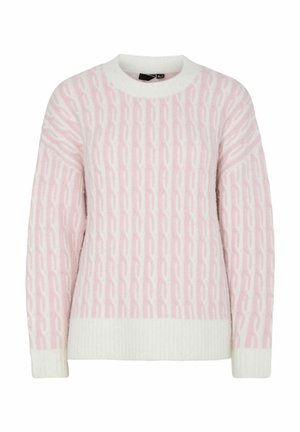 Svijetloružičasti pleteni džemper s teksturiranim uzorkom lanca, okruglim izrezom i rebrastim bijelim rubom i manšetama. Mekani materijal i ležerni kroj.
