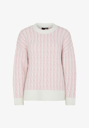Light pink knit sweater with a textured chain pattern, round neck, and ribbed white hem and cuffs. Soft material and loose fit design.