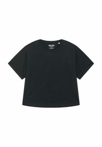 T-shirt nera in cotone con maniche corte, scollatura rotonda, vestibilità rilassata e un'etichetta con la scritta "MIRA PARIS" all'interno del colletto.