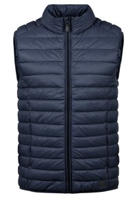 Marineblauwe mouwloze puffer vest met een hoge kraag, horizontaal doorgestikt patroon, volledige rits aan de voorkant en een subtiele logo patch aan de onderrand.