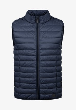 Mørkeblå ærmeløs puffervest med høj krave, vandret quiltet mønster, fuld lynlås foran og et diskret logo-patch ved kanten.