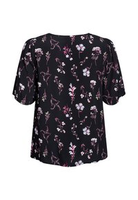Blusa nera a maniche corte con motivo floreale nei toni del rosa e dell'azzurro, dal taglio rilassato e dalla texture morbida.
