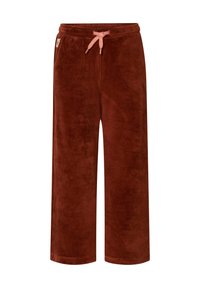 Bruna, vida sweatpants gjorda av mjukt, plyschmaterial, med en dragkedja i en kontrasterande ljus färg och sidofickor.