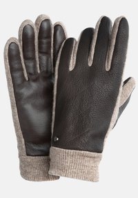 Brune læderhandsker med en strikket beige manchet, der har en tekstureret grebsoverflade og diskrete sømdetaljer. Accentueret med en lille metalknap.