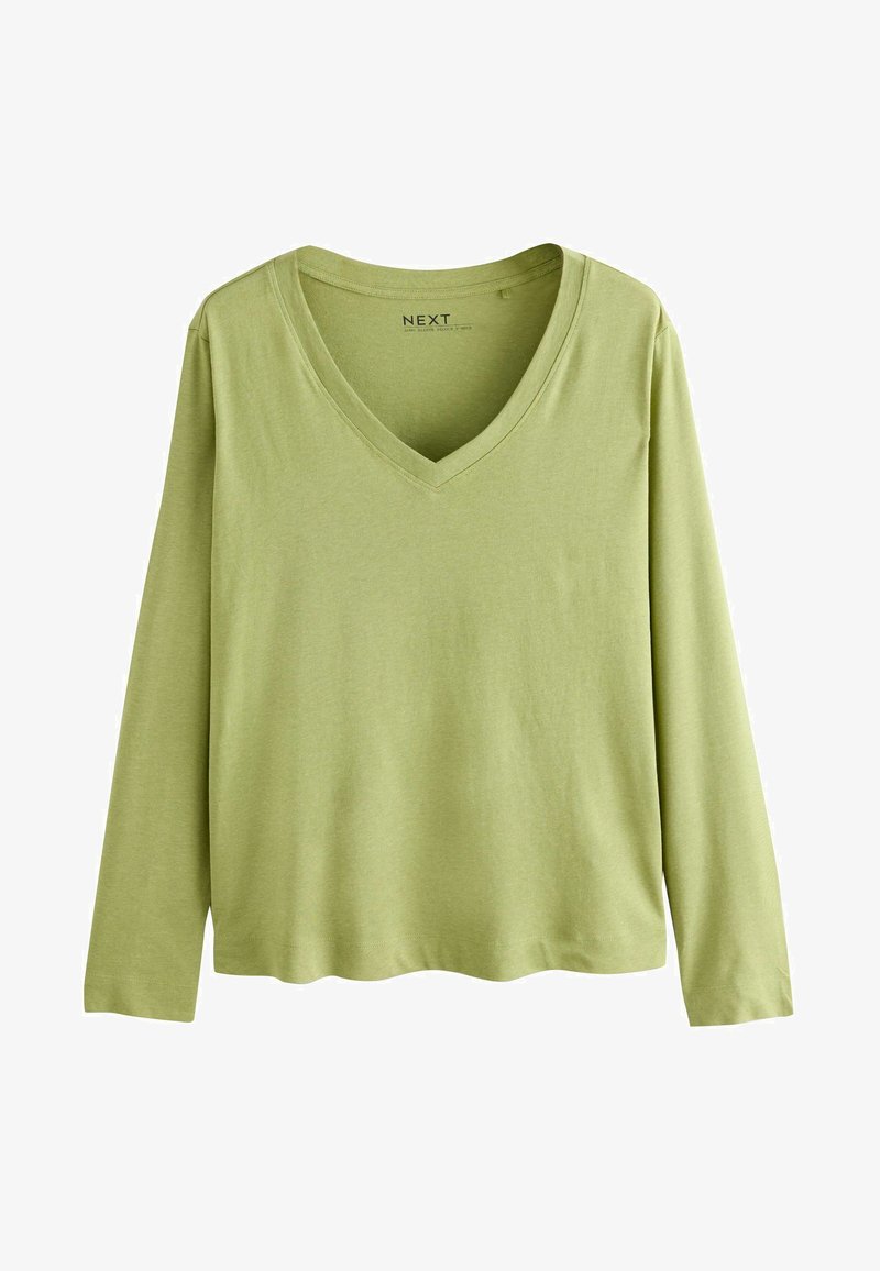Long-sleeve, V-neck top in pale green, made of soft cotton material with a smooth texture and a straight hemline.