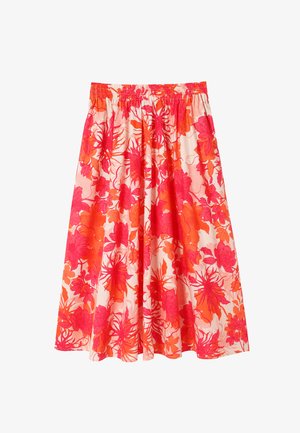 Bloemige midi-rok met een elastische tailleband. Kenmerkt zich door heldere roze en oranje bloemen op een lichte achtergrond, lichtgewicht stof en een vloeiende uitstraling.