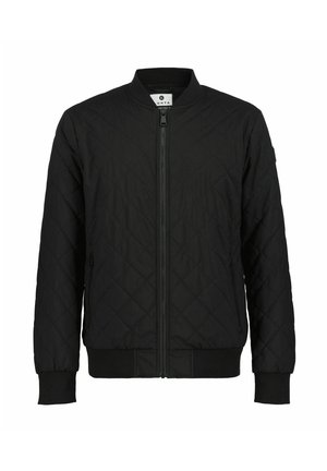 Schwarze gesteppte Bomberjacke mit Reißverschluss, gerippten Bündchen und Saum, seitlichen Taschen und rundem Kragen. Strukturierter Stoff mit minimalen Details.
