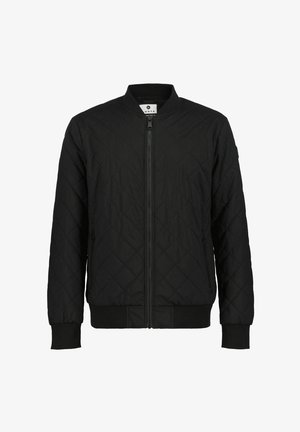 Zwarte gewatteerde bomberjas met ritssluiting, geribbelde manchetten en zoom, zijzakken en een afgeronde kraag. Gestructureerde stof met minimale details.