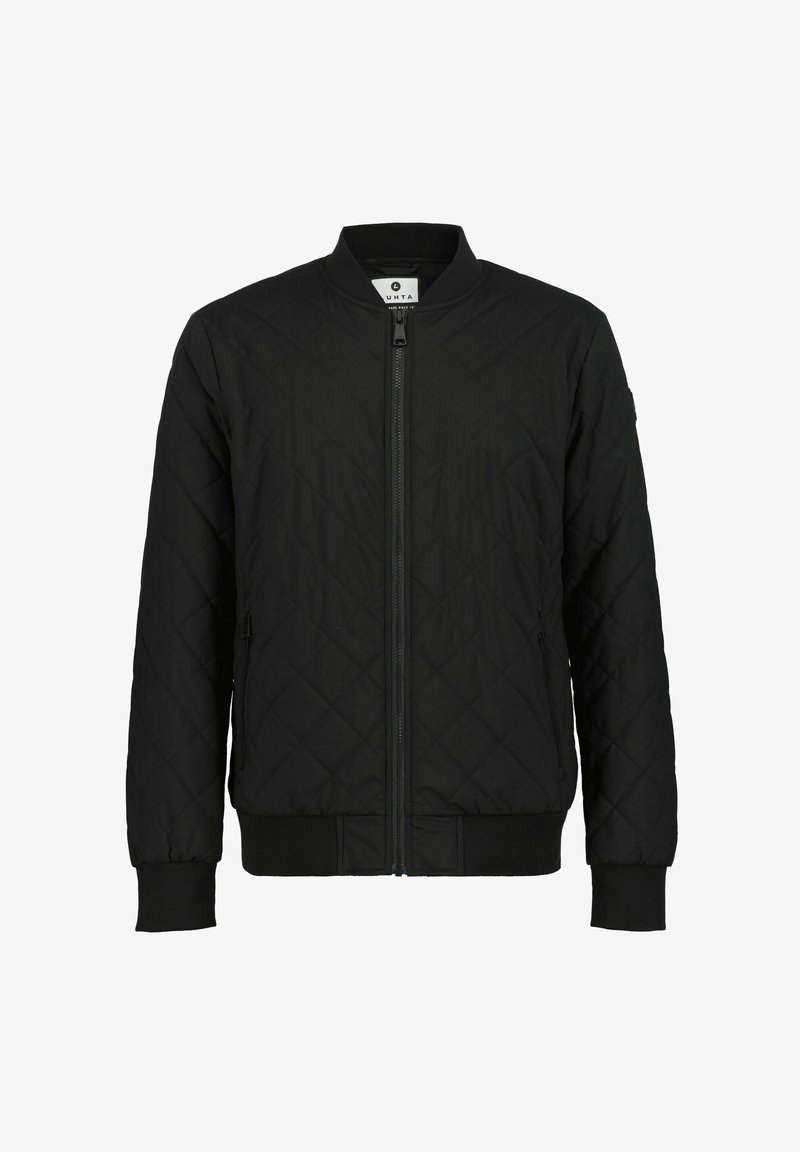 Zwarte gewatteerde bomberjas met ritssluiting, geribbelde manchetten en zoom, zijzakken en een afgeronde kraag. Gestructureerde stof met minimale details.