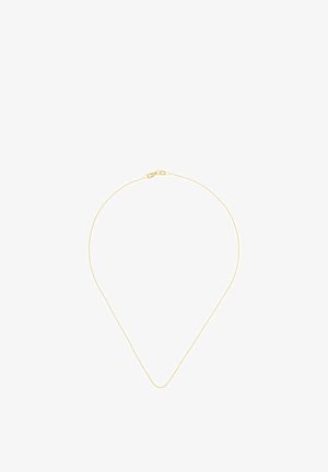 Delicata collana sottile in oro con chiusura a moschettone, mostrata su sfondo bianco.