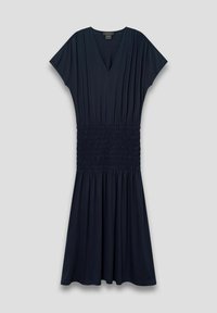 Marineblauw jurk met korte mouwen, V-hals en geconfigured taille. Vloeiende stof, gestructureerde lijfje en uitlopende rokdesign.