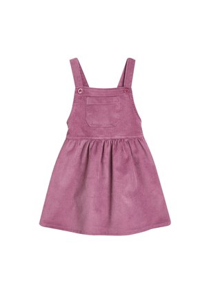Roze corduroy jurk met verstelbare schouderbanden, een voorzak en een uitlopende rok. Gelaagd materiaal met verticale ribbels en knopen op de schouders.