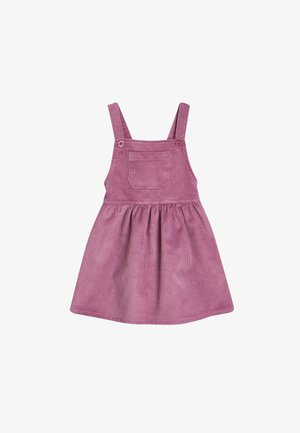 Abito in corduroy rosa con spalline regolabili, tasca frontale e gonna svasata. Tessuto testurizzato con righe verticali e bottoni sulle spalle.