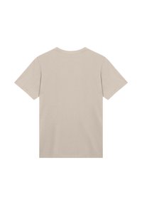 Beige cotton t-shirt, short sleeves, crew neck, plain back design, smooth texture, no patterns or accents.