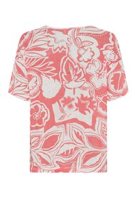 Kurzarm-T-Shirt in Koralle mit weißem Blumenmuster, mit lockerem Schnitt und rundem Halsausschnitt, aus leichtem Stoff gefertigt.