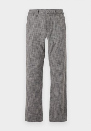 Gray patterned trousers with a straight-leg design. Made from a textured fabric, featuring a front clasp and side pockets.