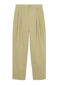 Pantalons khaki plissés en tissu léger, dotés d'une fermeture à bouton, de poches latérales et d'une coupe décontractée.