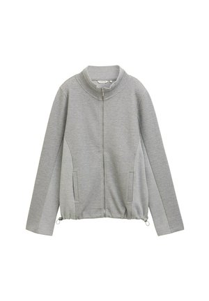 Veste grise zippée avec un corps texturé, un col côtelé, des poches latérales et un ourlet à cordon de serrage réglable pour un ajustement adapté.