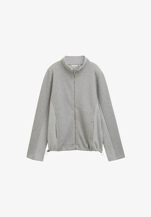 Grijze zip-up jas met een gestructureerd lichaam, ribbelkraag, zijzakken en een verstelbare trekkoordzoom voor een getailleerde pasvorm.