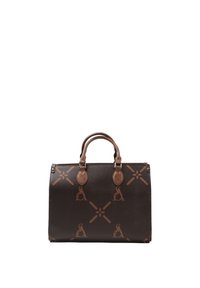 Borsa a mano in pelle marrone con modelli del logo marrone in rilievo, due manici superiori e una forma rettangolare strutturata. Texture liscia con accessori in metallo dorato.