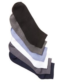 Set of six socks in black, gray, light blue, white, dark gray, and navy. Made of smooth material with a classic ankle design.