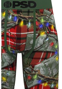 Red plaid boxer briefs featuring dollar bills, pine branches, and multi-colored Christmas lights, with a green waistband labeled "PSD."