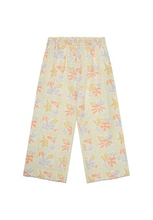 Weit geschnittene Hose mit elastischem Bund, mit einem pastellfarbenen abstrakten Blattmuster in Gelb, Pfirsich und Lavendel auf hellem Hintergrund.
