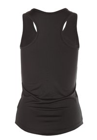 Black sleeveless sports tank top featuring a smooth texture, racerback design, and a fitted silhouette, ideal for active wear.