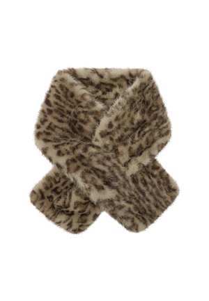 Sztuczny futrzany szalik w kolorze brązowym z beżowymi plamkami w leopardzie, charakteryzujący się miękką teksturą oraz prostokątnym kształtem z zaokrąglonymi krawędziami.