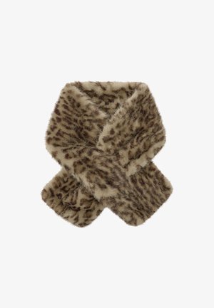 Sztuczny futrzany szalik w kolorze brązowym z beżowymi plamkami w leopardzie, charakteryzujący się miękką teksturą oraz prostokątnym kształtem z zaokrąglonymi krawędziami.