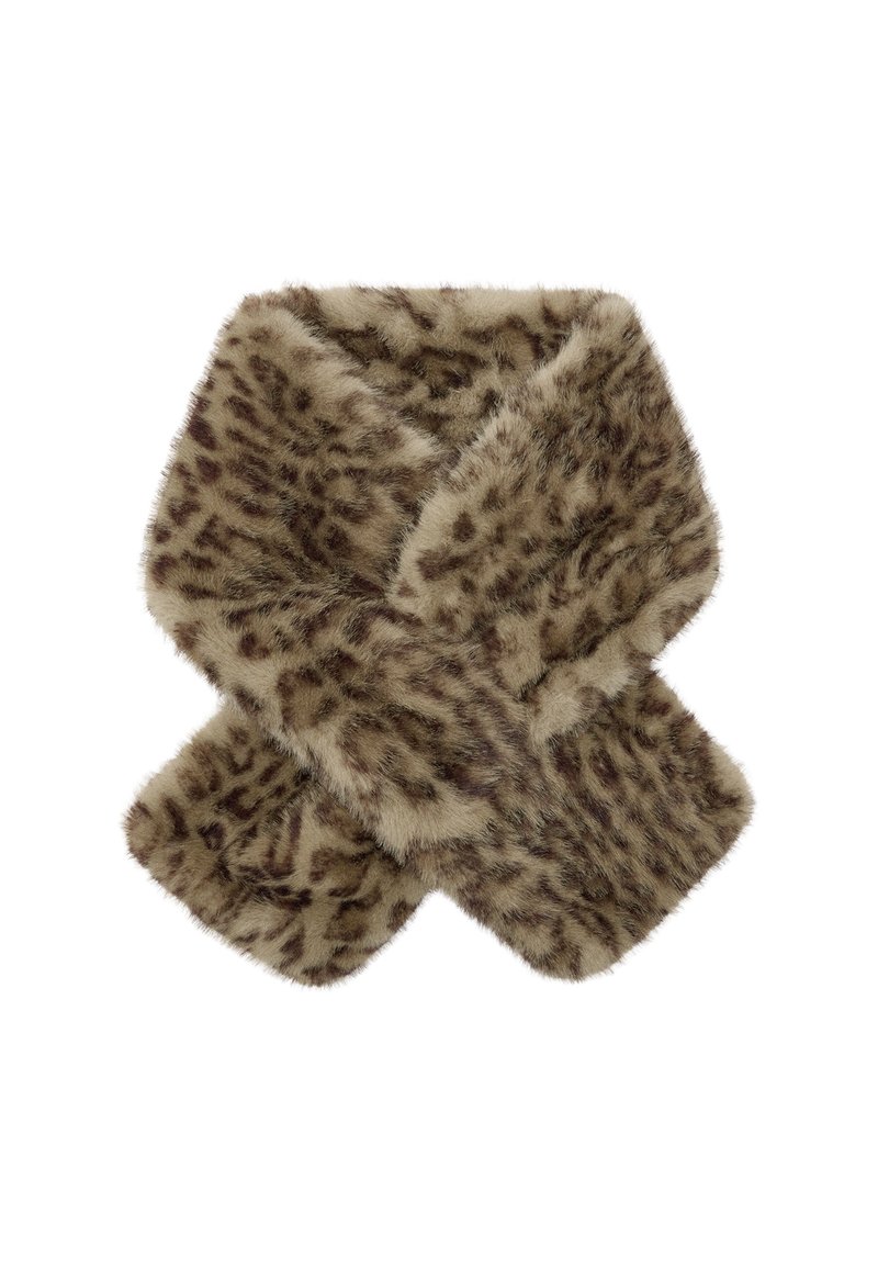 Sztuczny futrzany szalik w kolorze brązowym z beżowymi plamkami w leopardzie, charakteryzujący się miękką teksturą oraz prostokątnym kształtem z zaokrąglonymi krawędziami.