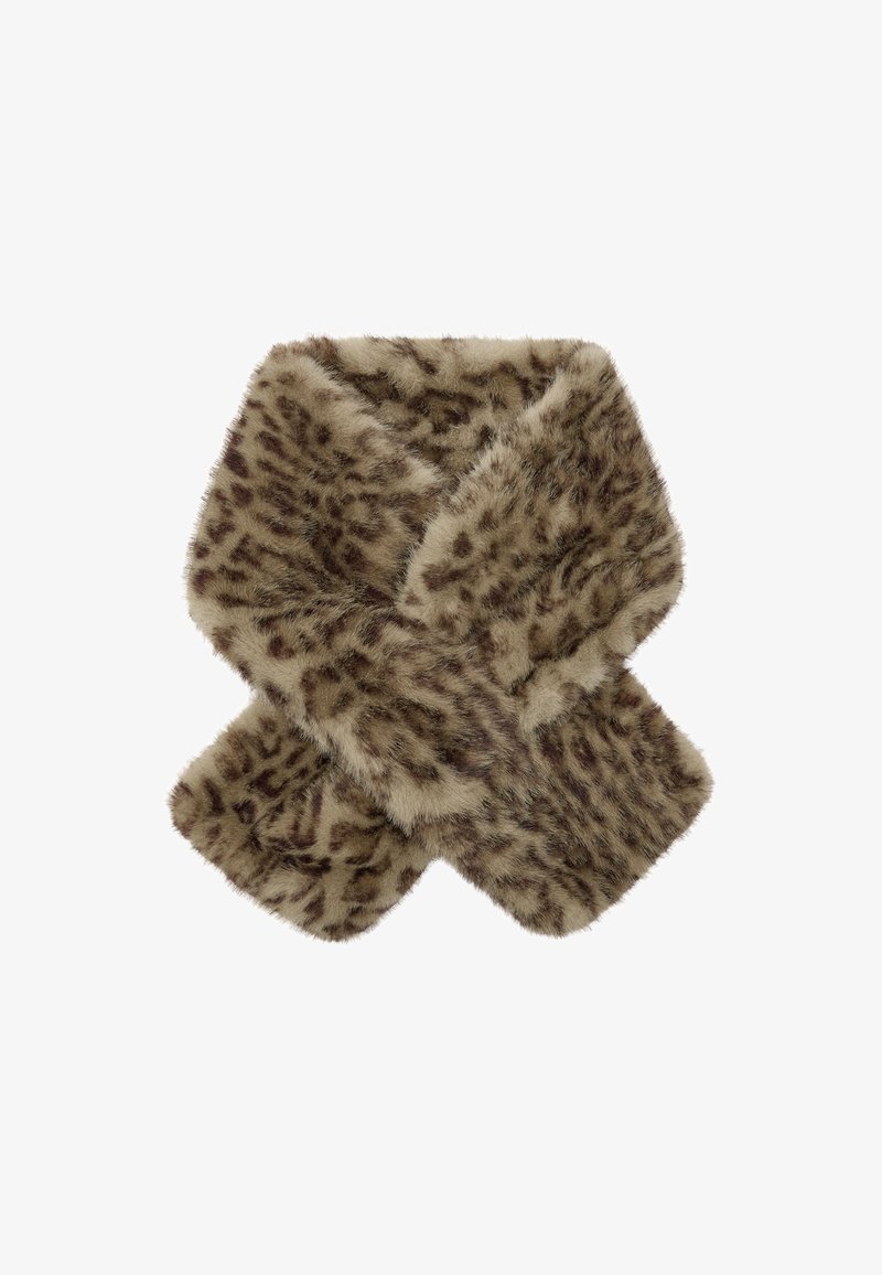Sztuczny futrzany szalik w kolorze brązowym z beżowymi plamkami w leopardzie, charakteryzujący się miękką teksturą oraz prostokątnym kształtem z zaokrąglonymi krawędziami.