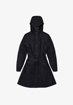 Black waterproof coat with a fitted design, drawstring hood, front buttons, belted waist, and two front pockets. Smooth, textile texture.