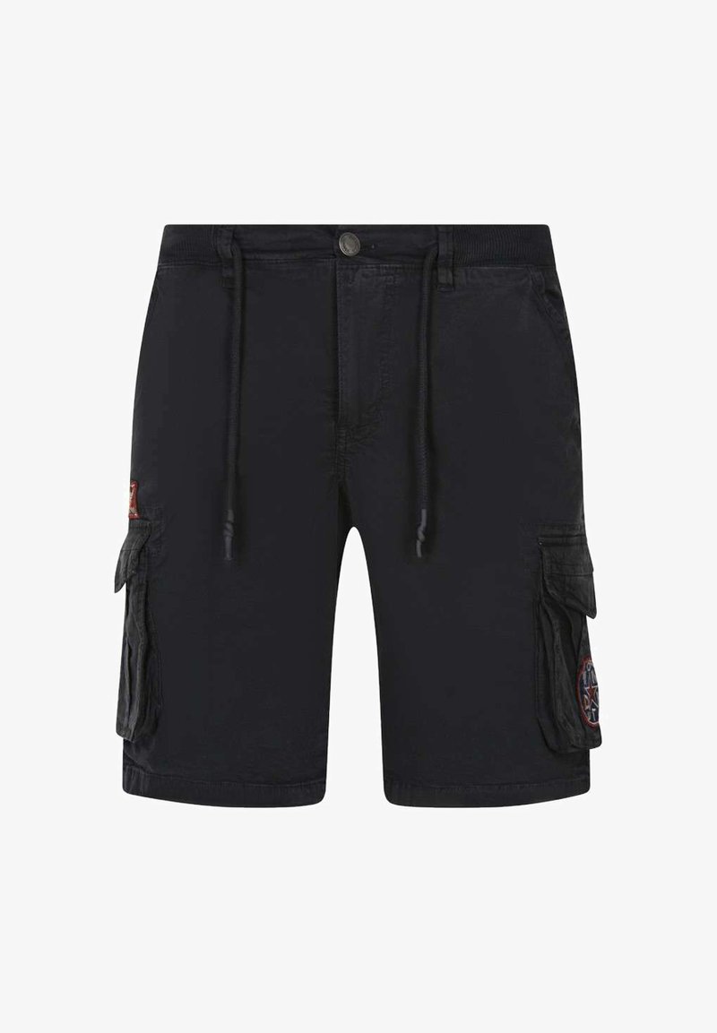 Shorts cargo noirs en matériau léger, avec une taille élastique à cordon de serrage, deux poches latérales et une patch décoratif sur la jambe gauche.