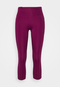 Upravené capri legíny v bohaté purpurové barvě, vyrobené z elastického materiálu s hladkou texturou a širokým pasem pro pohodlí.
