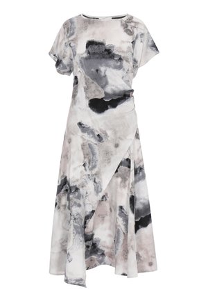 Rochie midi cu mâneci scurte, având un model abstract în acuarelă negru, gri și bej, cu detaliu asimetric de fustă tip înfășurată.