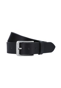 Ceinture en cuir noir avec une finition texturée, dotée d'une boucle en métal argenté et de plusieurs trous pour un ajustement.