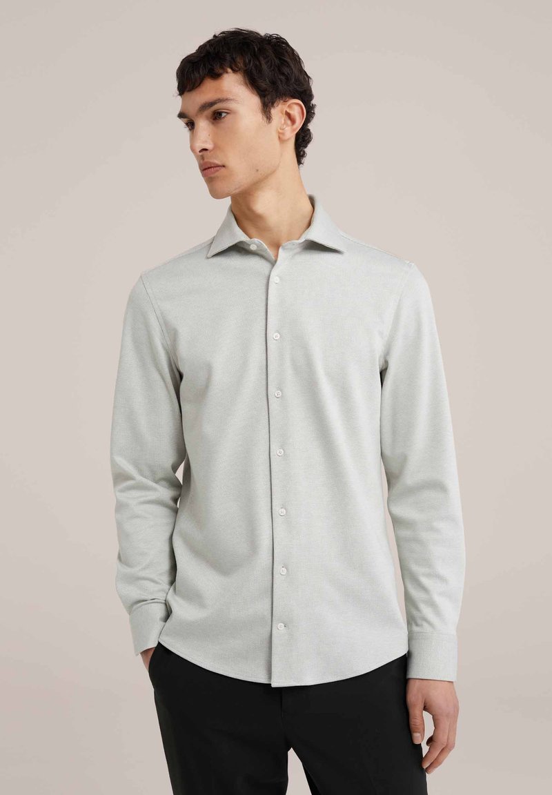 Lichtgrijs, shirt met lange mouwen gemaakt van een textuurstof, met een button-down kraag, rechte zoom en knoopsluiting vooraan.