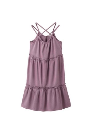 Robe mauve sans manches avec volants superposés et fines bretelles croisées sur fond blanc.