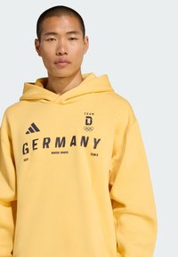 Gelber Kapuzenpullover mit dem Schriftzug "GERMANY" in fetten dunklen Buchstaben, Olympischen Ringen und dem Text "WINTER SPORTS TEAM D". Weiche Stoffstruktur.