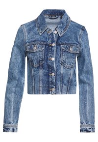 Kort denimjacka i medelblå tvätt, med knäppning fram, två bröstfickor och klassisk krage med sömdetaljer.