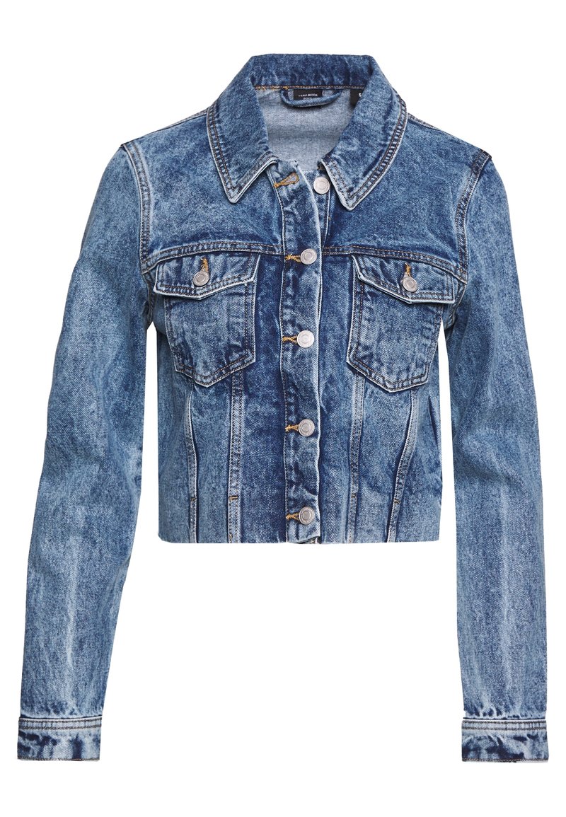 Kort denimjacka i medelblå tvätt, med knäppning fram, två bröstfickor och klassisk krage med sömdetaljer.