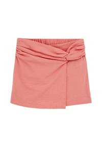 Rozā austā svārku kleita ar teksturētu virsmu, kas rotāta ar sasietu mezglu priekšpusē un elastīgu jostasvietu, lai nodrošinātu pielāgojamu piegulšanu.