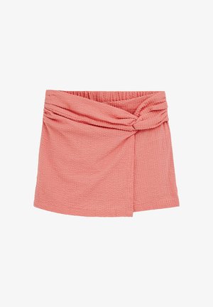 Rózsaszín szőtt rakott szoknya texturált felülettel, elöl megkötős részlettel és rugalmas derékrésszel az állítható illeszkedés érdekében.